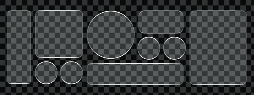 3D Liquid glass smartphone interface isolated. UI UX light frame rounded square and circle elements with a glow stroke. Collection design widget for smartphone and web app