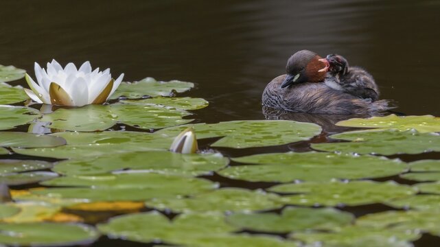 Little Grebe (Tachybaptus ruficollis), adult bird swimming in water in front of flowering water lily with chicks on its back, Upper Swabia, Baden-W&uuml;rttemberg, Germany