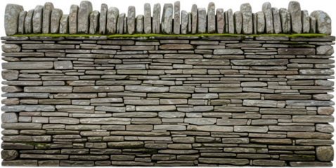 Textured weathered stone wall construction with irregular flat stones and vertical coping stones featuring patches of green moss stonework natural grey building facade material transparent background