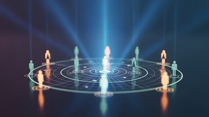 Abstract human icons on a glowing circular target grid. Talent recruitment and social networking. Person standing at the center of a diverse digital community map