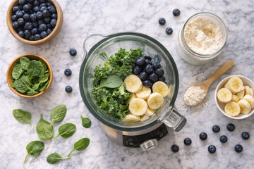 Healthy smoothie ingredients arranged in a blender on countertop