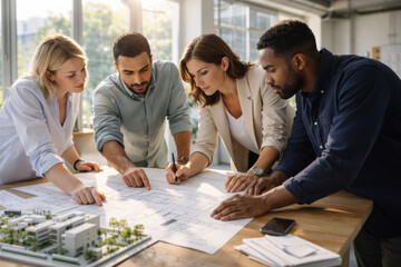 Professional team collaborating on architectural plans in office setting