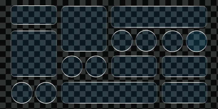 Modern transparent frame with 3d glass button shapes for ui design and morphism style. Glossy interface elements highlight smooth button concept and glass morphism aesthetics