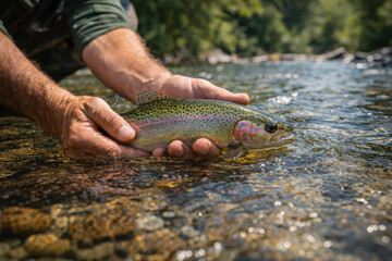 Fototapeta premium Fisherman holding a colorful rainbow trout in clear water