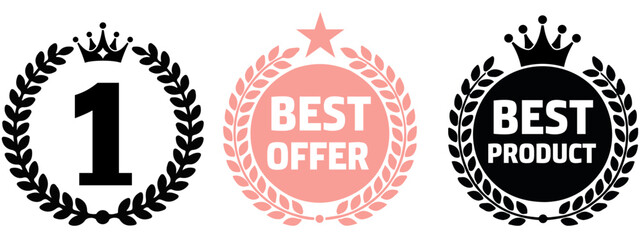 Obraz premium Best Offer Badge Vector Icon, Pink Laurel Wreath Seal and Star Symbol for Marketing, Sales, and E-commerce Promotion, vector illustration of a black and white background