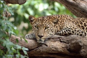 Naklejka premium A majestic leopard rests peacefully on a tree branch in its natural jungle habitat, showcasing its serene beauty.