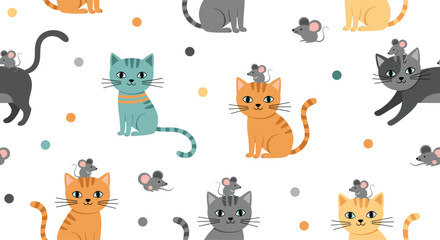 Obraz premium Seamless pattern with cute colorful cats and small gray mice playing together with dots on a white background.
