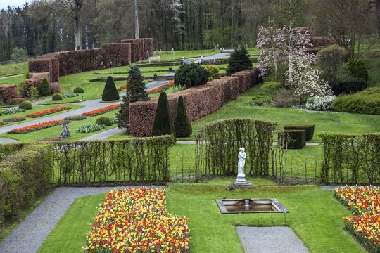 Planting in the Annevoie Castle Garden, Jardins d'Annevoie, Ch&acirc;teau d'Annevoie, Municipality of Anh&eacute;e, Province of Namur Wallonia, Belgium