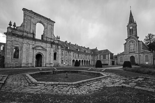 Former Aulne Abbey, Abbay d'Aulne, with Saint Joseph Church near Thuin, Hainaut Province, Belgium