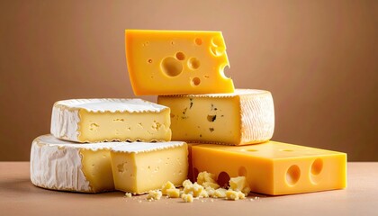 Assortment of Delicious Cheeses Including Swiss and Brie Varieties with Crumbs on a Light Brown Background