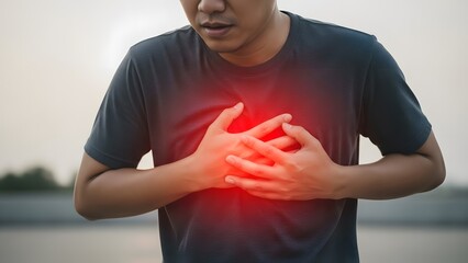 Acute myocardial infarction and chest pain symptoms. Healthcare emergency and medical warning. Man wearing a black shirt clutching his chest in agony