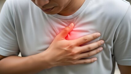 Heartburn and cardiovascular distress symptoms. Medical diagnosis and health awareness. Close up of a man placing his hand on his chest due to sudden pain
