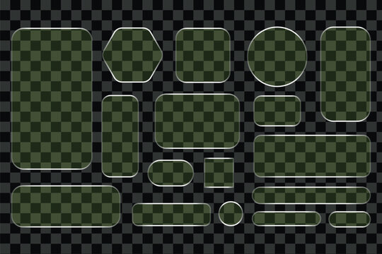 3d transparent glass set in gradient geometric pattern with rainbow light. Crystal heart, arrow, star and liquid speech bubble icon. Futuristic mirror frame or plastic for mobile phone game interface