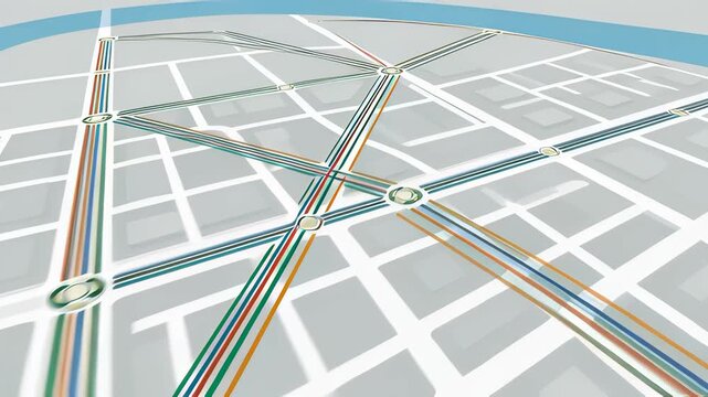 Isometric 3D city map animation featuring expanding red and green subway lines connecting stations, ideal for urban transportation and logistics concepts.