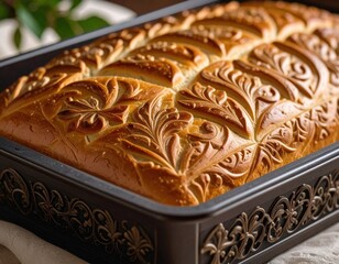 Golden Brown Baked Bread With Intricate Swirl Patterns In A Decorative Baking Pan Close Up Warm Lighting