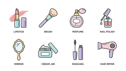 Beauty cosmetic icons. Makeup essentials vector collection. Linear color style. Lipstick, brush, perfume, nail polish, mirror, cream, mascara, hairdryer. Feminine fashion salon.