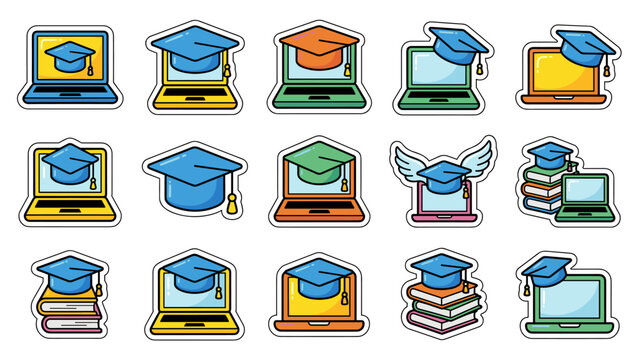 E-learning sticker icons. Graduation cap on laptop. Online education concept. Digital study symbols. Remote learning badges. Academic success. Virtual school. Distance training class.
