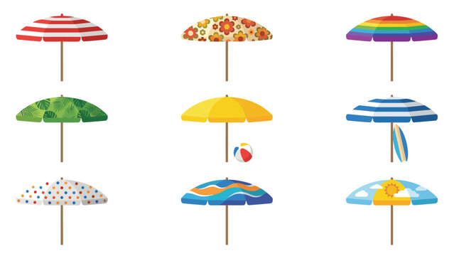 Summer beach umbrella icons set. Flat vector parasols. Colorful vacation sunshades. Striped floral rainbow patterns. Holiday travel tourism symbols. Resort equipment. Sun protection.