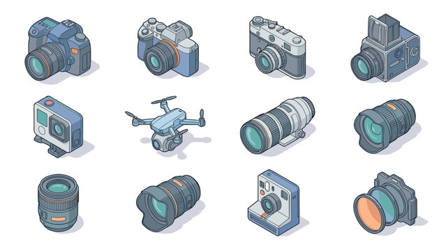 Isometric photography icons set. Camera and lens vector collection. 3D digital equipment. DSLR, drone, action cam, vintage, instant photo. Professional studio gear. Optical tech.