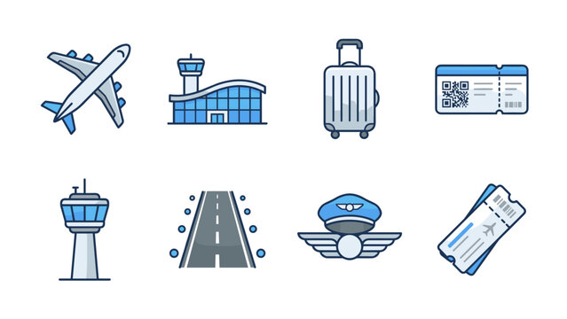 Airport and aviation icons set. Vector travel symbols airplane, terminal, luggage suitcase, boarding pass, control tower. Flight journey. Tourism transport. Linear color style.