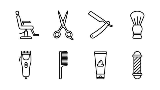 Barbershop icons set. Line art vector salon tools. Chair, scissors, razor, brush, clipper, comb, pole, cream. Grooming equipment symbols. Men's haircut. Black outline style isolated