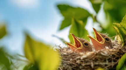 Obraz premium The baby birds in a leafy nest with open mouths calling for food