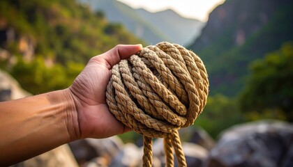 Close Up Of A Rough Textured Natural Fiber Rope Coiled In A Human Hand With A Blurred Mountainous Green Forest Background In Soft Morning Light
