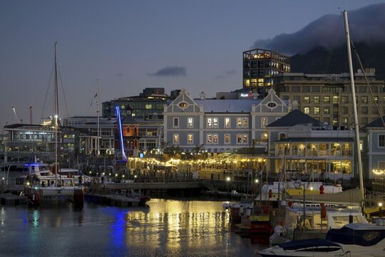 Victoria and Albert waterfront and harbor at sunset, Cape Town, South Africa
