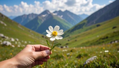 Hand Holding White Flower with Yellow Center in Lush Green Mountain Valley Under Bright Blue Sky