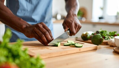 Close Up Of Man S Hands Chopping Fresh Cucumber On Wooden Cutting Board In A Bright Kitchen With Salad And Avocado In Background