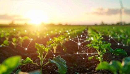 Smart agriculture technology in a cultivated field at sunset, showing the future of farming and data analysis