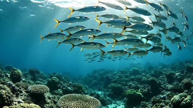 School of Silver Fish Swimming Together Over Coral Reef in Tropical Ocean