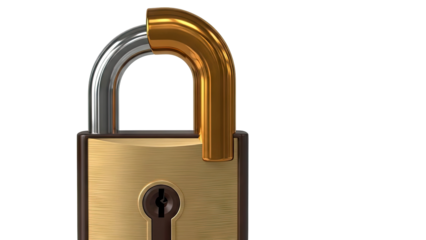 Close-up of an unlocked brass and silver padlock with a keyhole