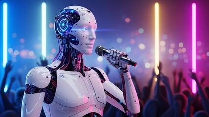 Humanoid robot performing on stage with a microphone. Artificial intelligence and future entertainment. Android singer with glowing blue eyes speaking to a blurred audience