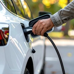 Close up of a hand plugging an electric car charger into a white vehicle outdoors with blurred green foliage background and soft natural lighting