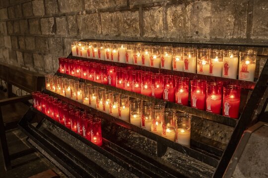 Sacrificial candle, candles in a church, Barcelona, Catalonia, Spain