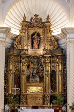 Altar, interior of the church Esgl&eacute;sia de Sant Bartomeu, Valldemossa, Majorca, Balearic Islands, Spain