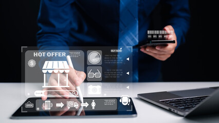 Professional businessman uses tablet stylus managing online retail store interface. Digital ecommerce dashboard displays hot offers, sales analytics, shopping icons. Mobile technology enhances