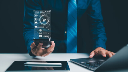 Businessman uses smartphone laptop tablet showing digital ecommerce interface. Shopping cart icons display best offer sales data analytics. Professional male executive manages online retail business