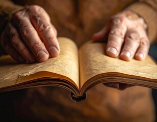 Elderly Hands Gently Turning Pages Of An Old Worn Open Book With Textured Yellowed Pages In Soft Warm Indoor Lighting