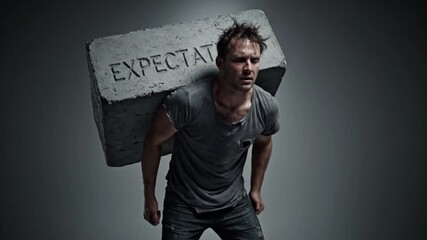 A man feeling overwhelmed as he carries the heavy burden of expectations, symbolizing pressure and mental strain in life