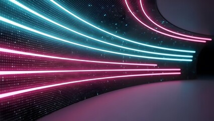 High speed data transmission and fiber optic neon trails. Cloud storage and server farm architecture. Horizontal pink and blue light streaks on a dark pixelated wall