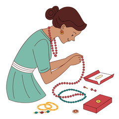 Fototapeta premium Creative woman arranging luxury jewelry and fashion accessories, stylish designer showcasing rings and necklaces in a boutique or workshop.