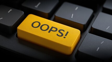 The yellow OOPS key on a black computer keyboard symbolizing error and warning