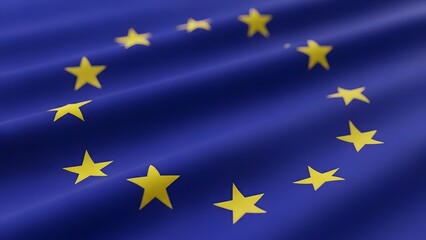European Union flag waving in a close up view. Politics and international trade. Blue fabric with golden stars representing the EU community and economic partnership