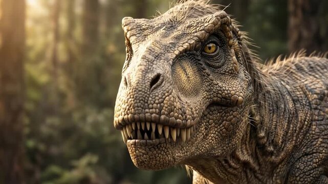 Detailed portrait of a Tyrannosaurus Rex head with realistic skin and golden eye in a forest.