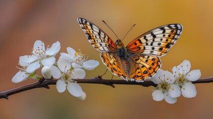 Obraz premium Beautiful butterfly on spring blossom branch
