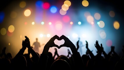 Crowd of fans at a live music concert festival. Love and community engagement. Silhouette of hands making a heart shape against a background of colorful blurry stage lights