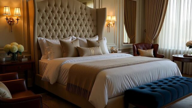 Luxurious beige hotel bedroom suite featuring a tufted headboard and elegant furniture in a cinematic zoom out, ideal for hospitality and real estate concepts