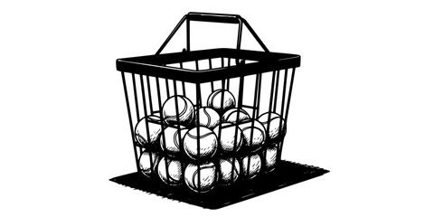 A tennis ball hopper or basket filled with balls on a stand, used for coaching and training.